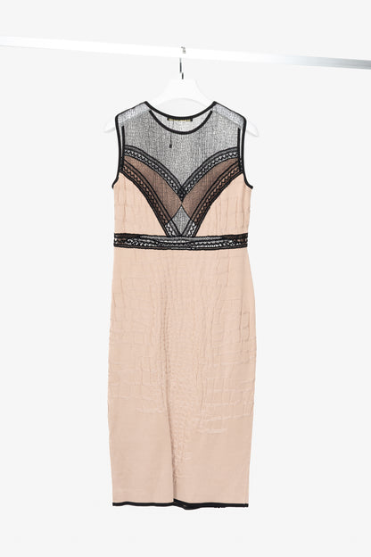 Roberto Cavalli Nude Snakeskin-Jacquard Knit Lace-Trim Dress