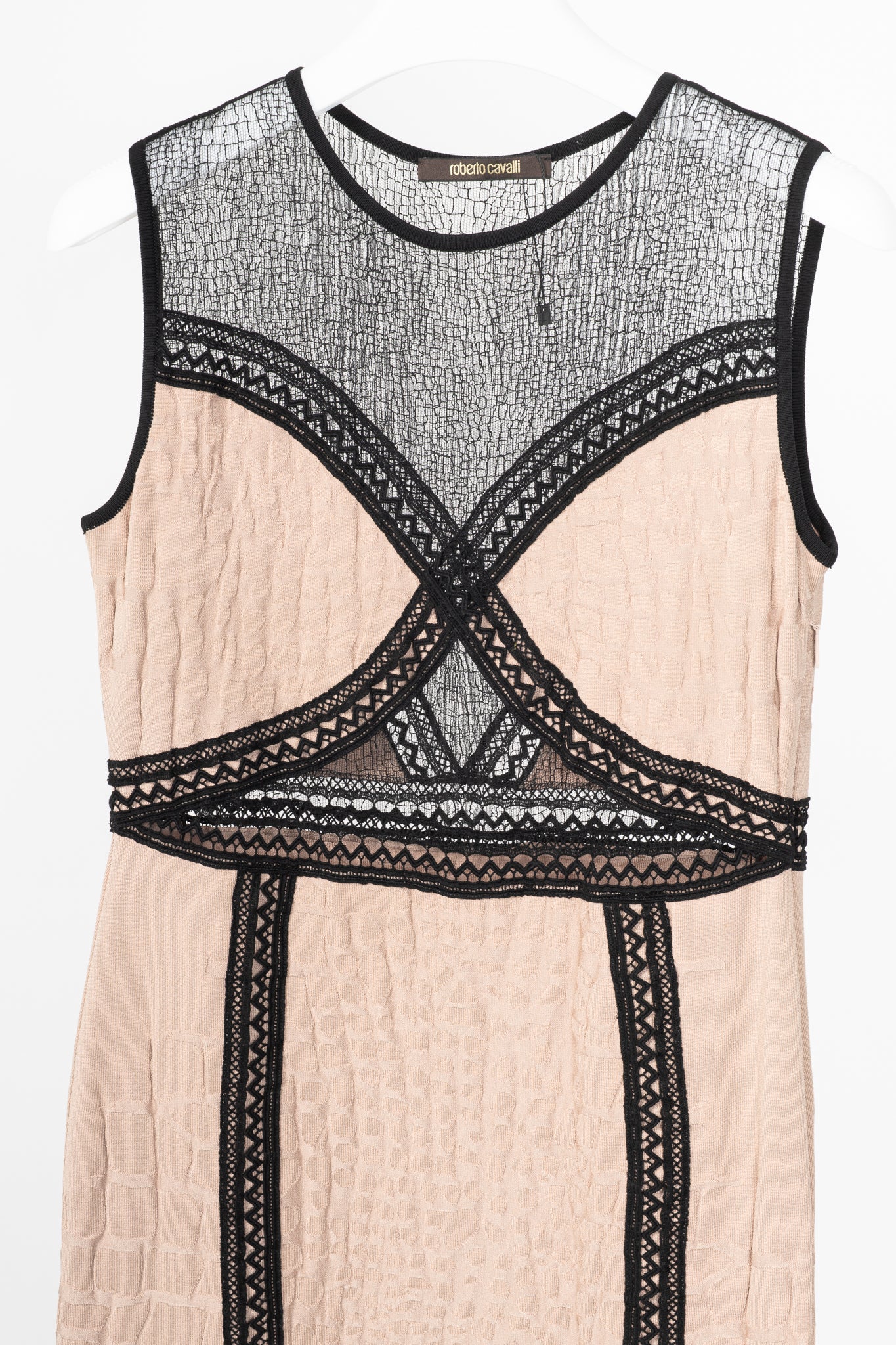 Roberto Cavalli Nude Snakeskin-Jacquard Knit Lace-Trim Dress