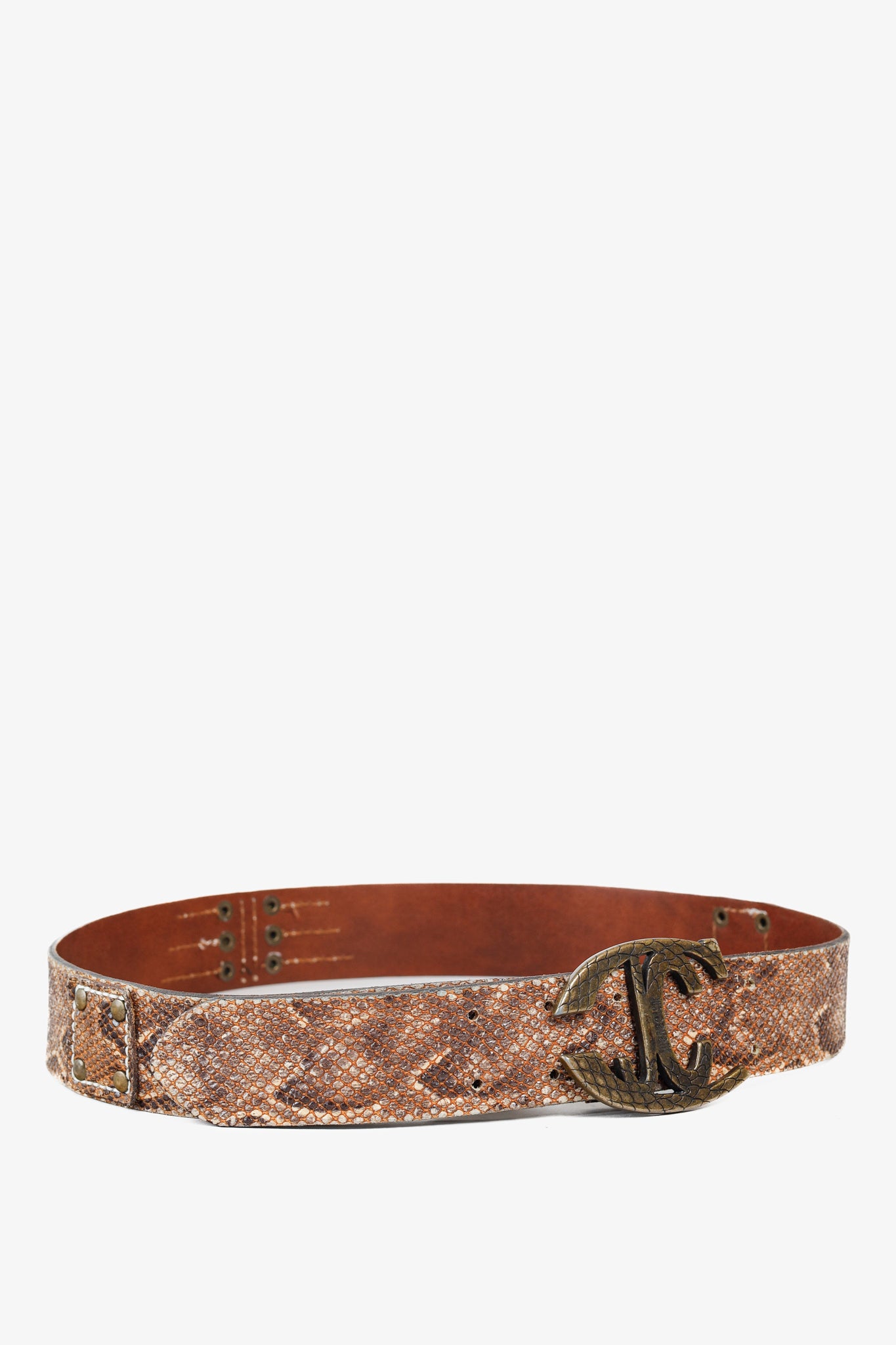 Just Cavalli Brown Snakeskin-Texture Logo-Buckle Belt