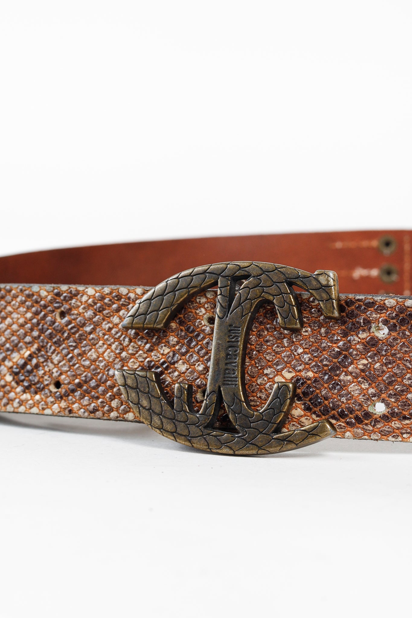 Just Cavalli Brown Snakeskin-Texture Logo-Buckle Belt