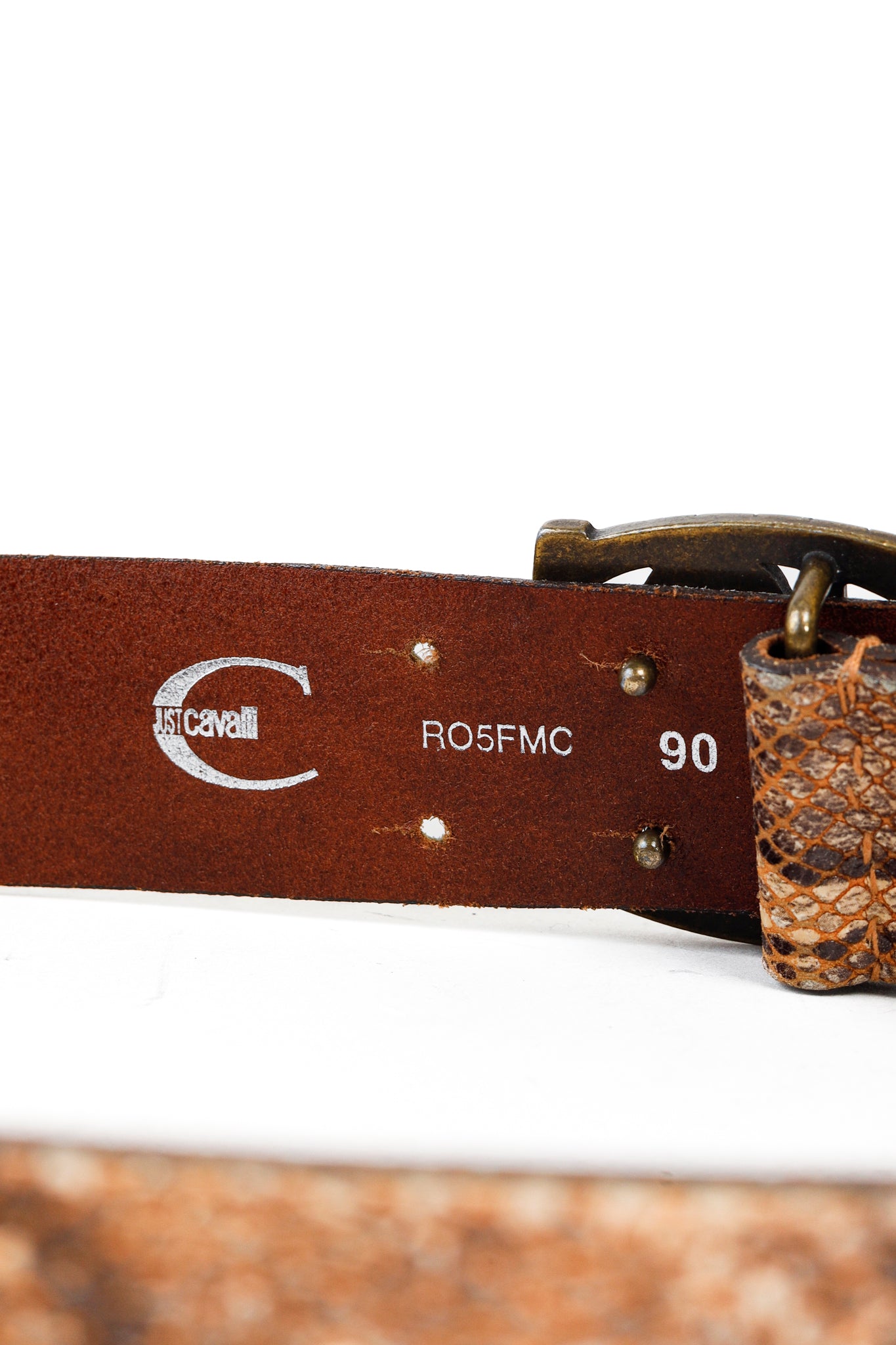 Just Cavalli Brown Snakeskin-Texture Logo-Buckle Belt