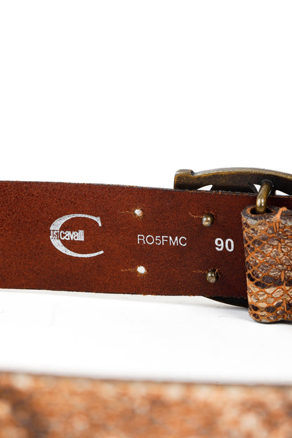 Just Cavalli Brown Snakeskin-Texture Logo-Buckle Belt