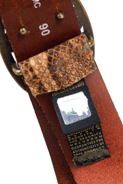 Just Cavalli Brown Snakeskin-Texture Logo-Buckle Belt