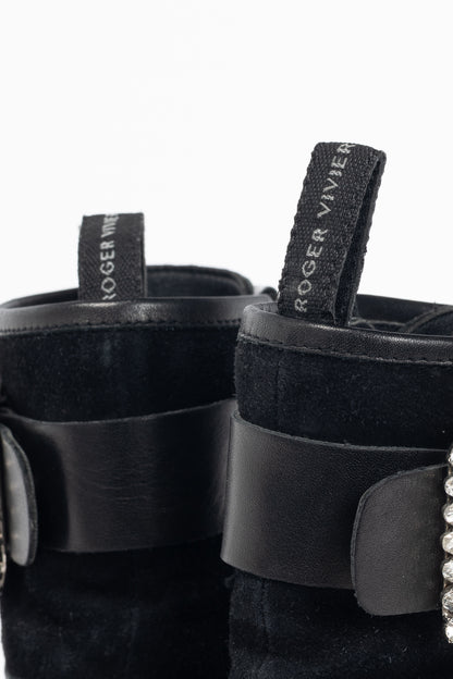 Roger Vivier Viv' Rangers Black Leather & Suede Strass-Buckle Combat Boots