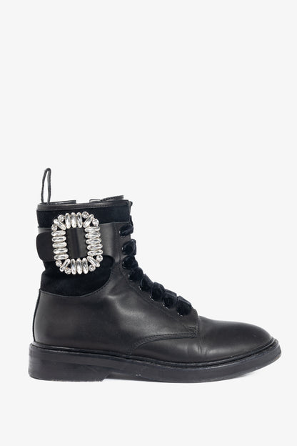 Roger Vivier Viv' Rangers Black Leather & Suede Strass-Buckle Combat Boots