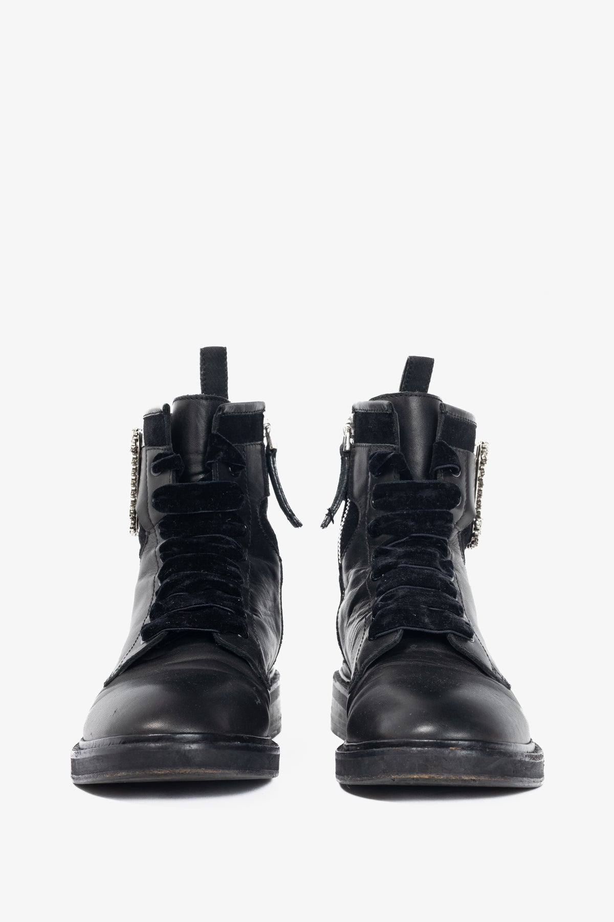 Roger Vivier Viv' Rangers Black Leather & Suede Strass-Buckle Combat Boots