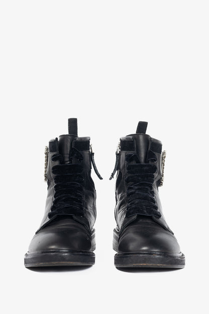 Roger Vivier Viv' Rangers Black Leather & Suede Strass-Buckle Combat Boots