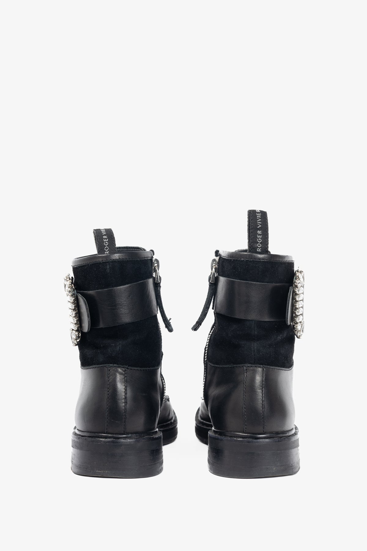 Roger Vivier Viv' Rangers Black Leather & Suede Strass-Buckle Combat Boots