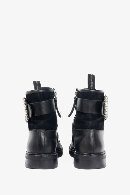 Roger Vivier Viv' Rangers Black Leather & Suede Strass-Buckle Combat Boots