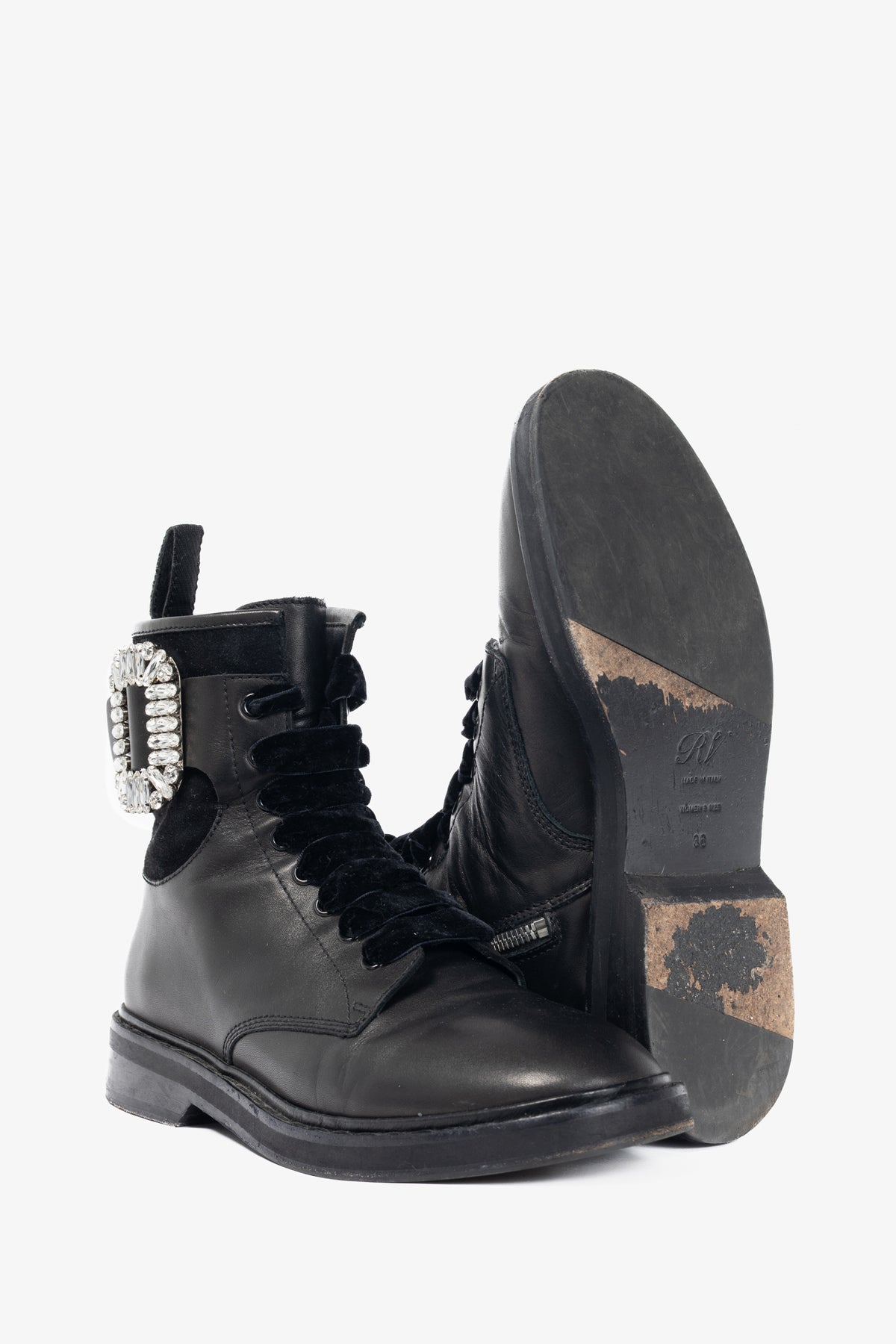Roger Vivier Viv' Rangers Black Leather & Suede Strass-Buckle Combat Boots