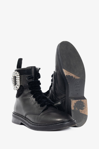 Roger Vivier Viv' Rangers Black Leather & Suede Strass-Buckle Combat Boots