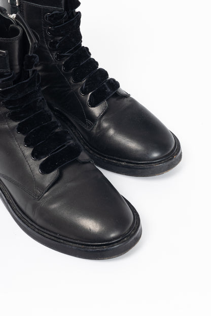 Roger Vivier Viv' Rangers Black Leather & Suede Strass-Buckle Combat Boots