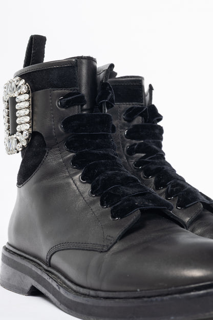 Roger Vivier Viv' Rangers Black Leather & Suede Strass-Buckle Combat Boots