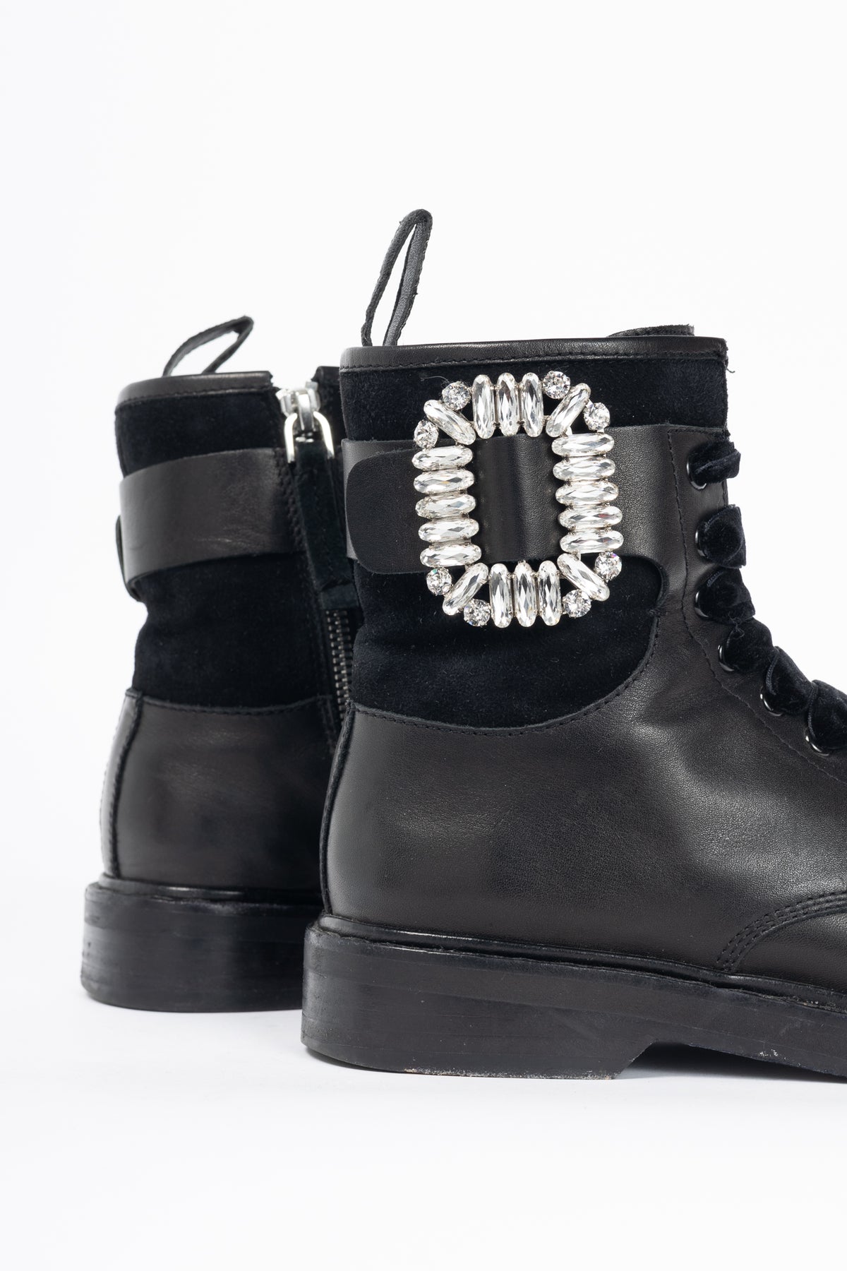 Roger Vivier Viv' Rangers Black Leather & Suede Strass-Buckle Combat Boots
