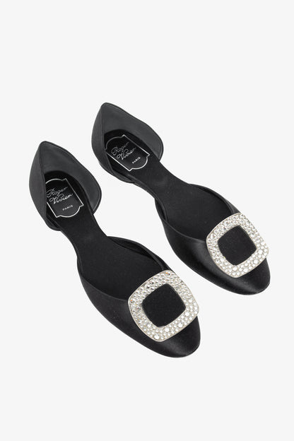 Roger Vivier Chips Black Silk Strass-Buckle Flats