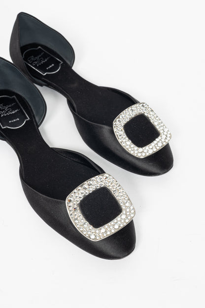 Roger Vivier Chips Black Silk Strass-Buckle Flats