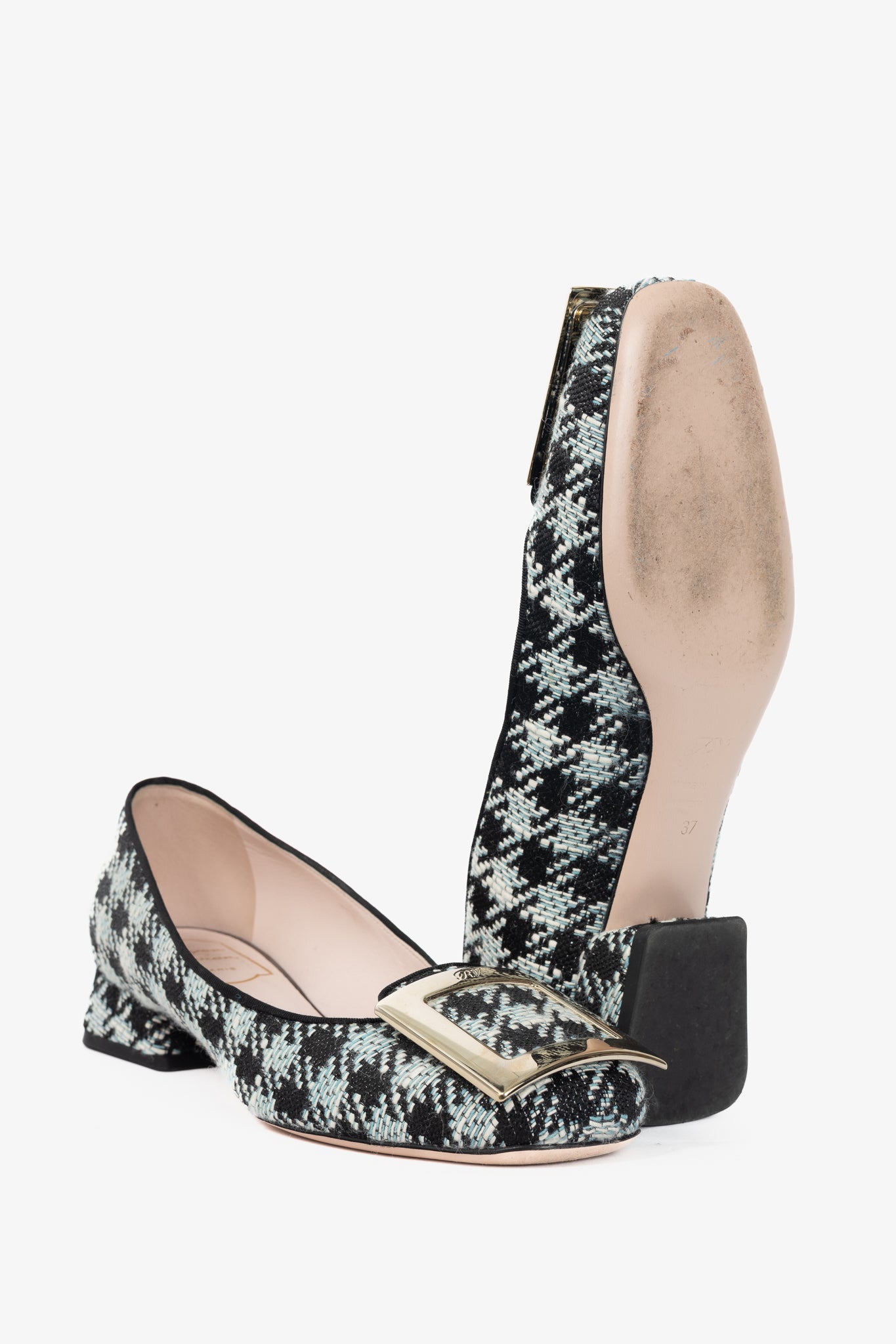 Roger Vivier Tres Vivier Blue Houndstooth-Tweed Buckle Pumps