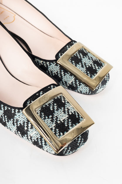 Roger Vivier Tres Vivier Blue Houndstooth-Tweed Buckle Pumps