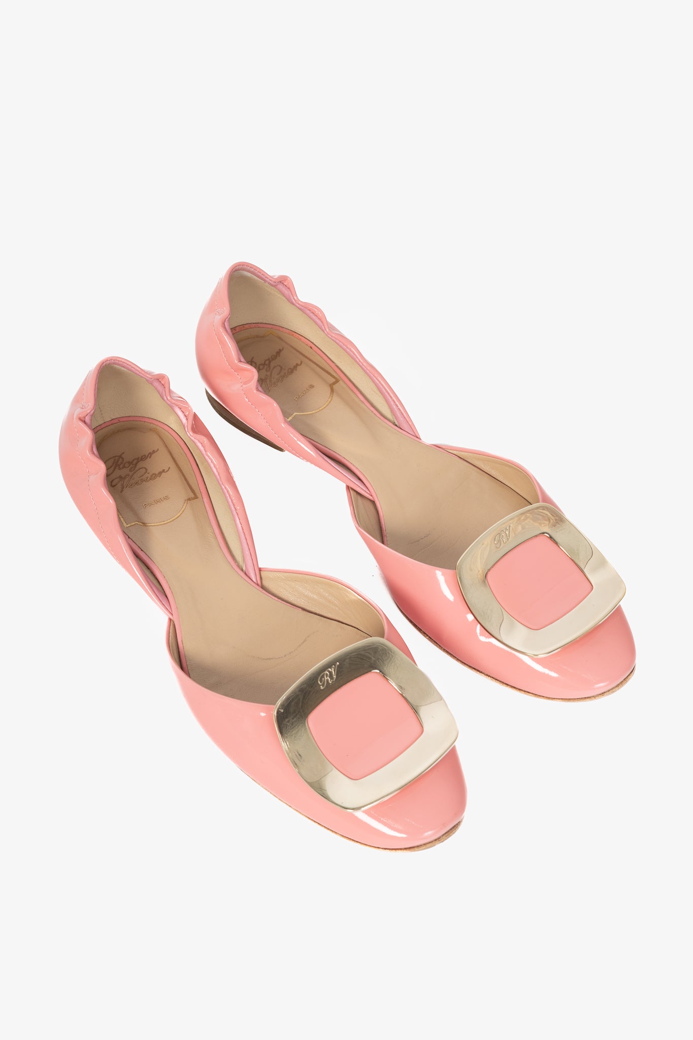 Roger Vivier Chips Pink Patent Leather Buckle Scrunch Flats
