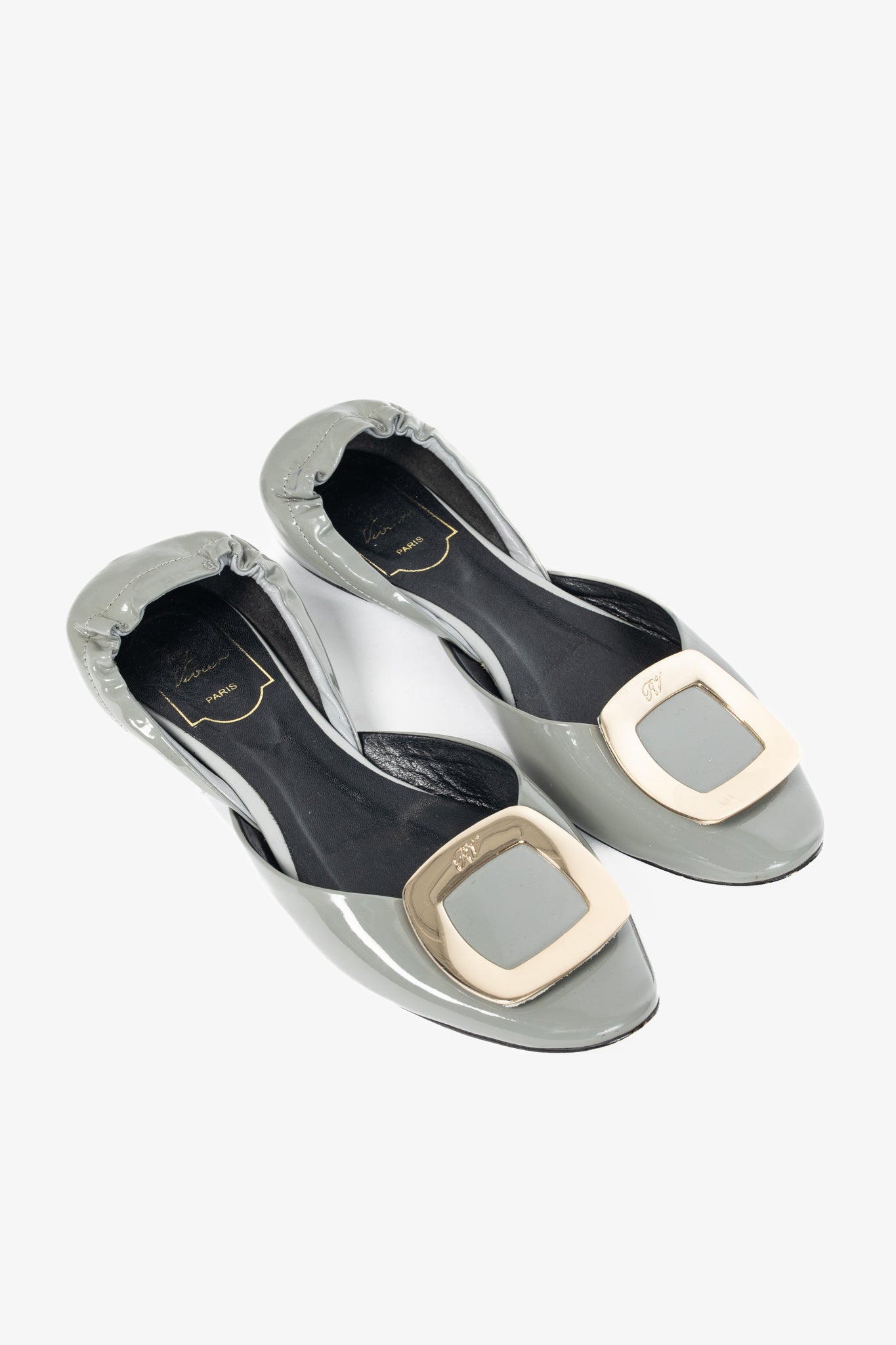 Roger Vivier Chips Grey Patent Leather Buckle Scrunch Flats