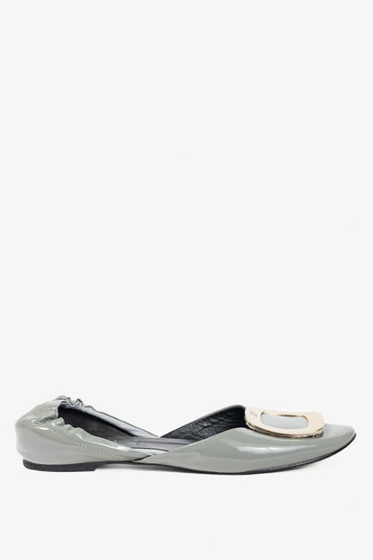 Roger Vivier Chips Grey Patent Leather Buckle Scrunch Flats