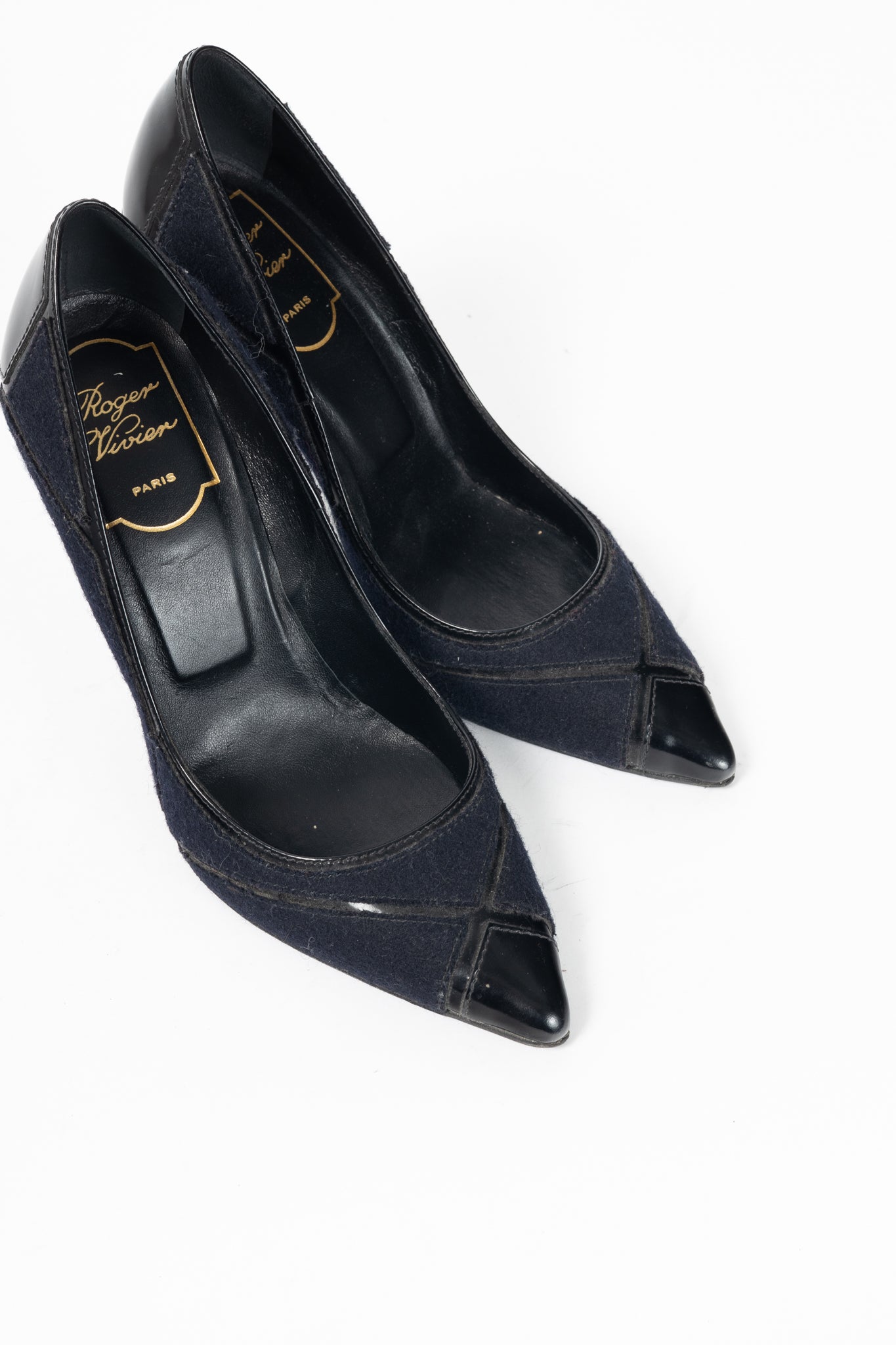 Roger Vivier Prismick Laine Blue & Black Leather Patchwork Heels