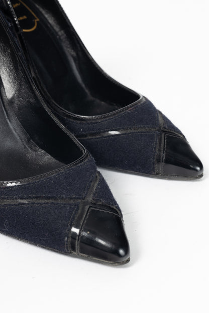 Roger Vivier Prismick Laine Blue & Black Leather Patchwork Heels