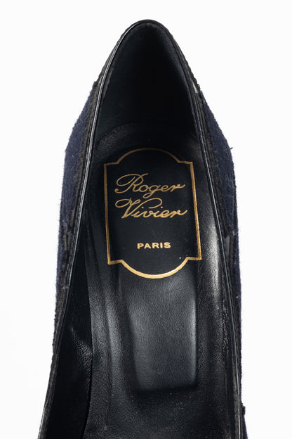 Roger Vivier Prismick Laine Blue & Black Leather Patchwork Heels