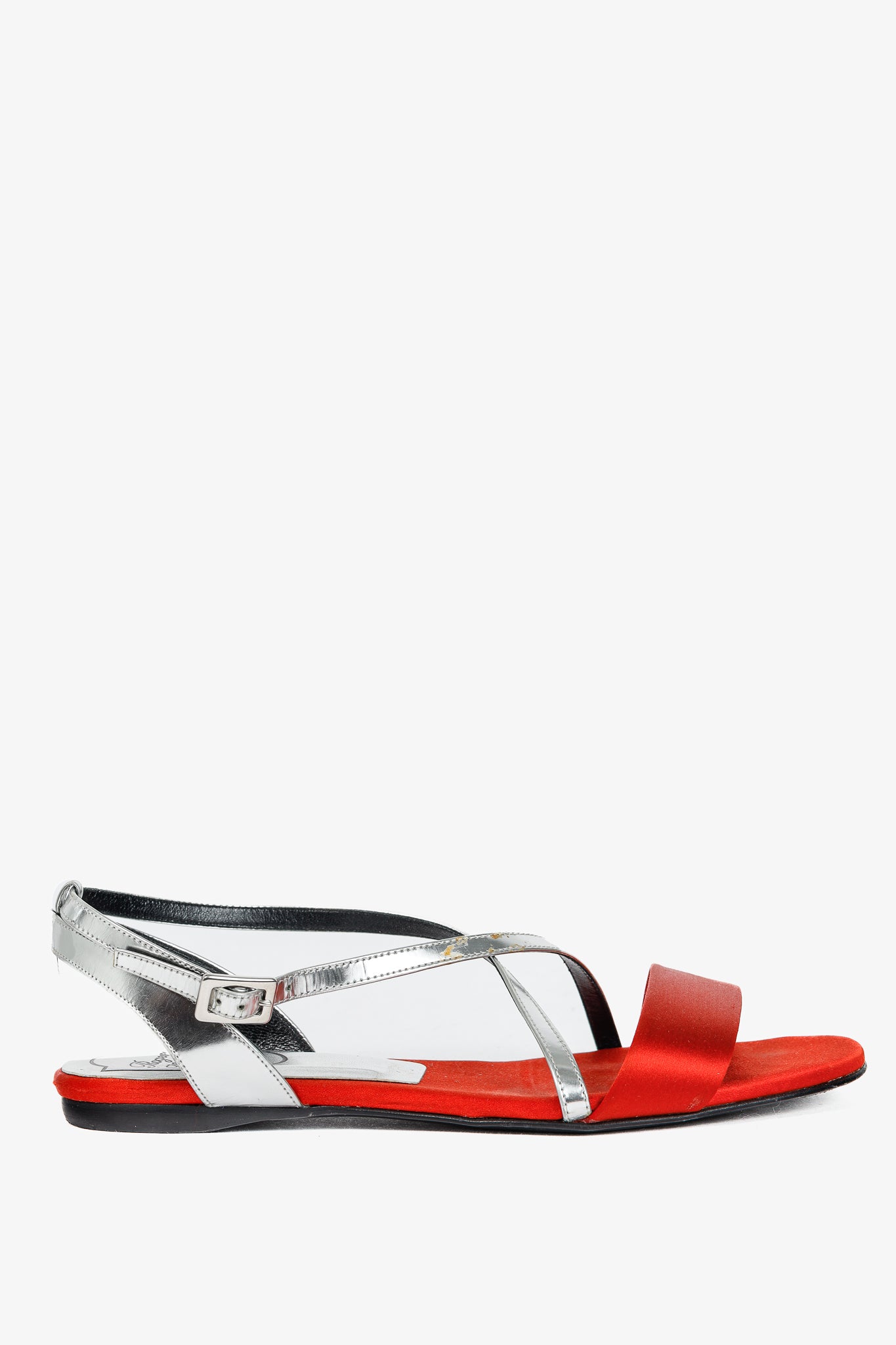 Roger Vivier SS/14 Croisée Red Satin & Silver Patent-Leather Flat Sandals