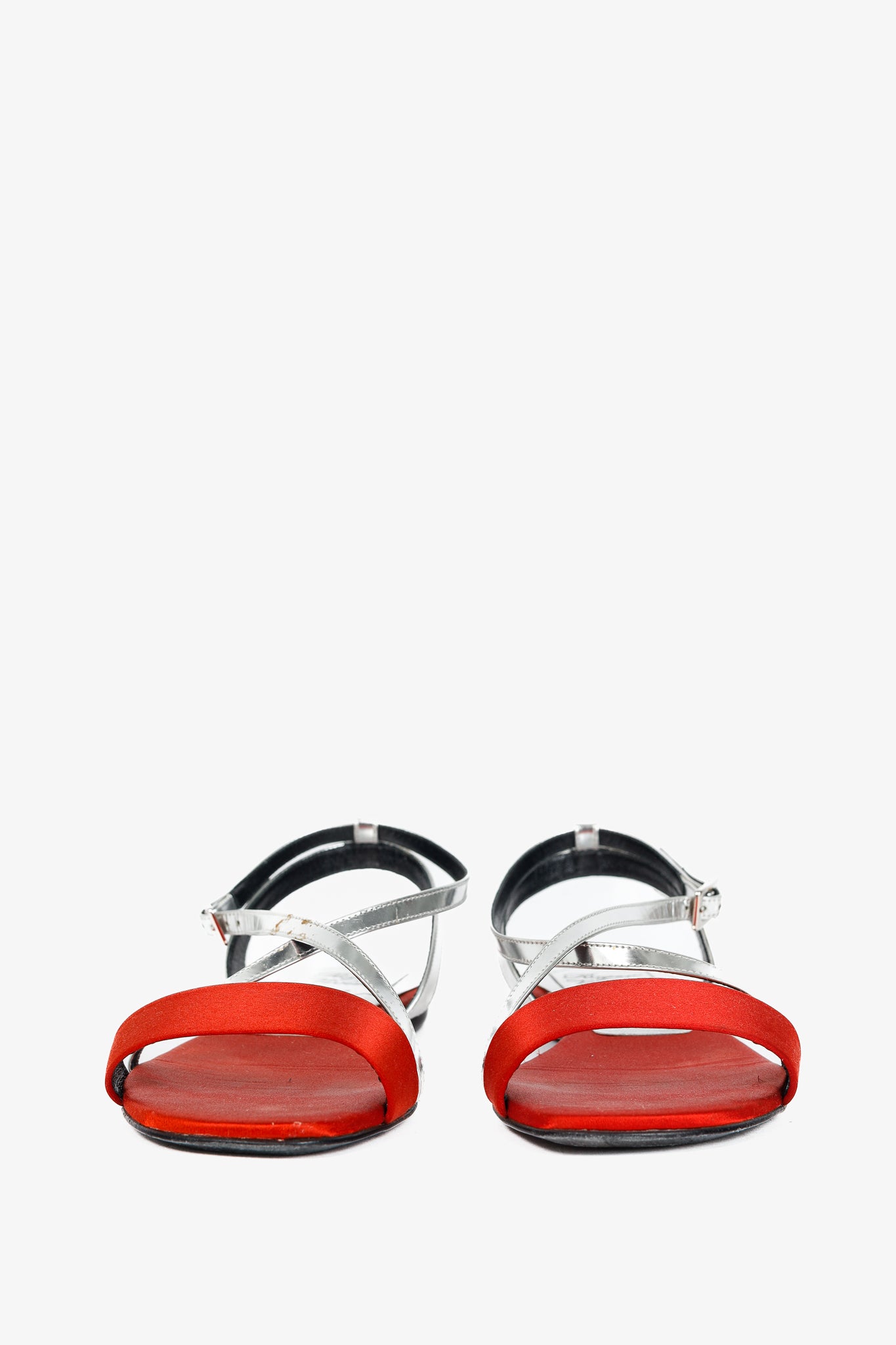Roger Vivier SS/14 Croisée Red Satin & Silver Patent-Leather Flat Sandals