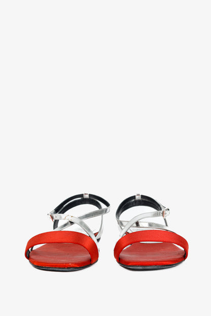 Roger Vivier SS/14 Croisée Red Satin & Silver Patent-Leather Flat Sandals
