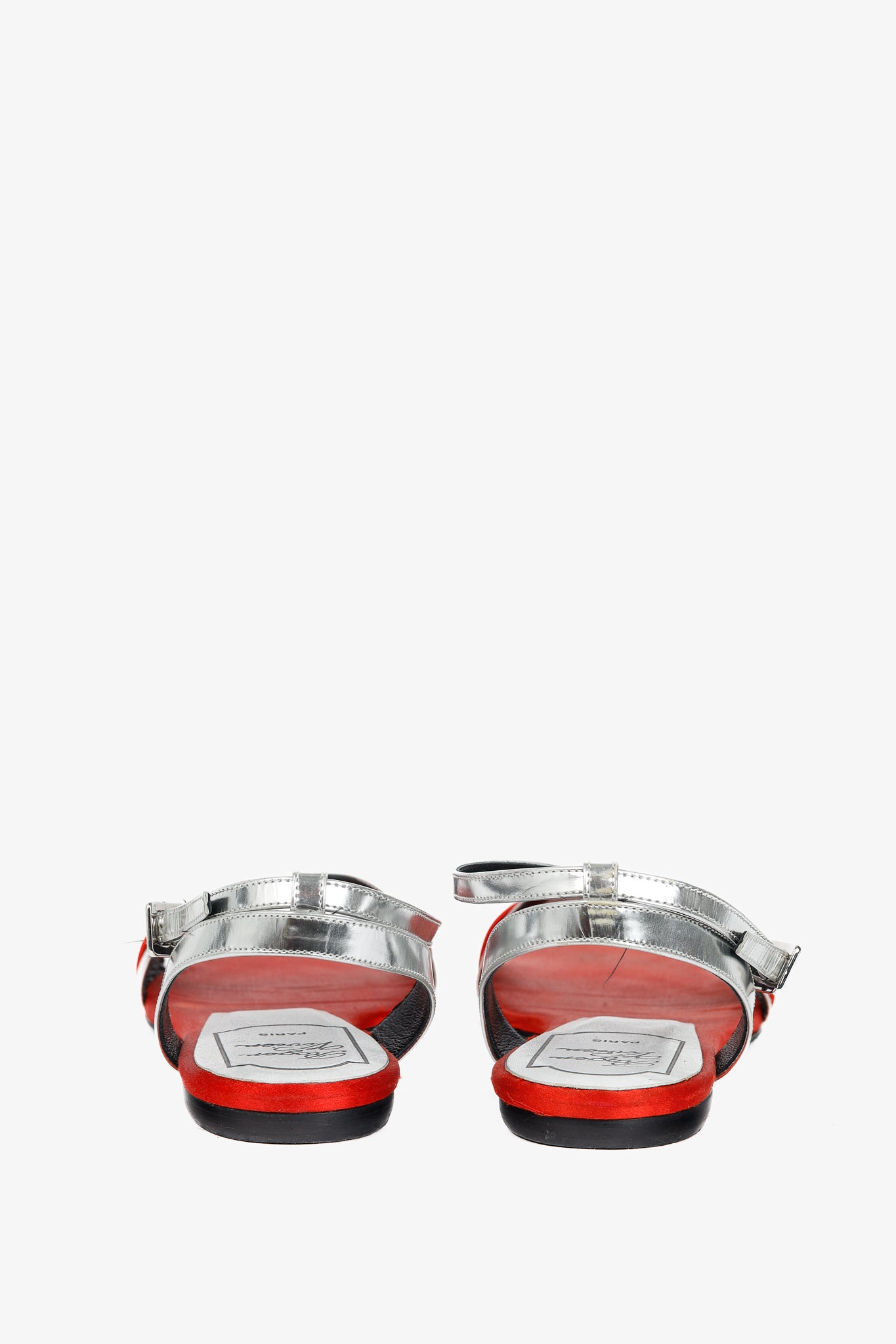 Roger Vivier SS/14 Croisée Red Satin & Silver Patent-Leather Flat Sandals