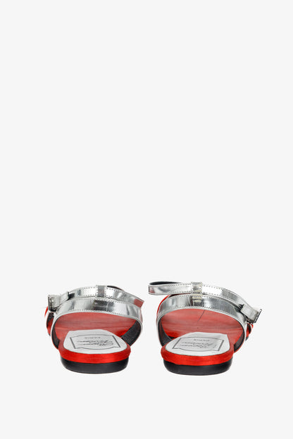 Roger Vivier SS/14 Croisée Red Satin & Silver Patent-Leather Flat Sandals