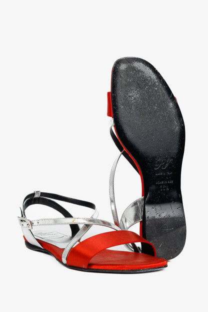 Roger Vivier SS/14 Croisée Red Satin & Silver Patent-Leather Flat Sandals