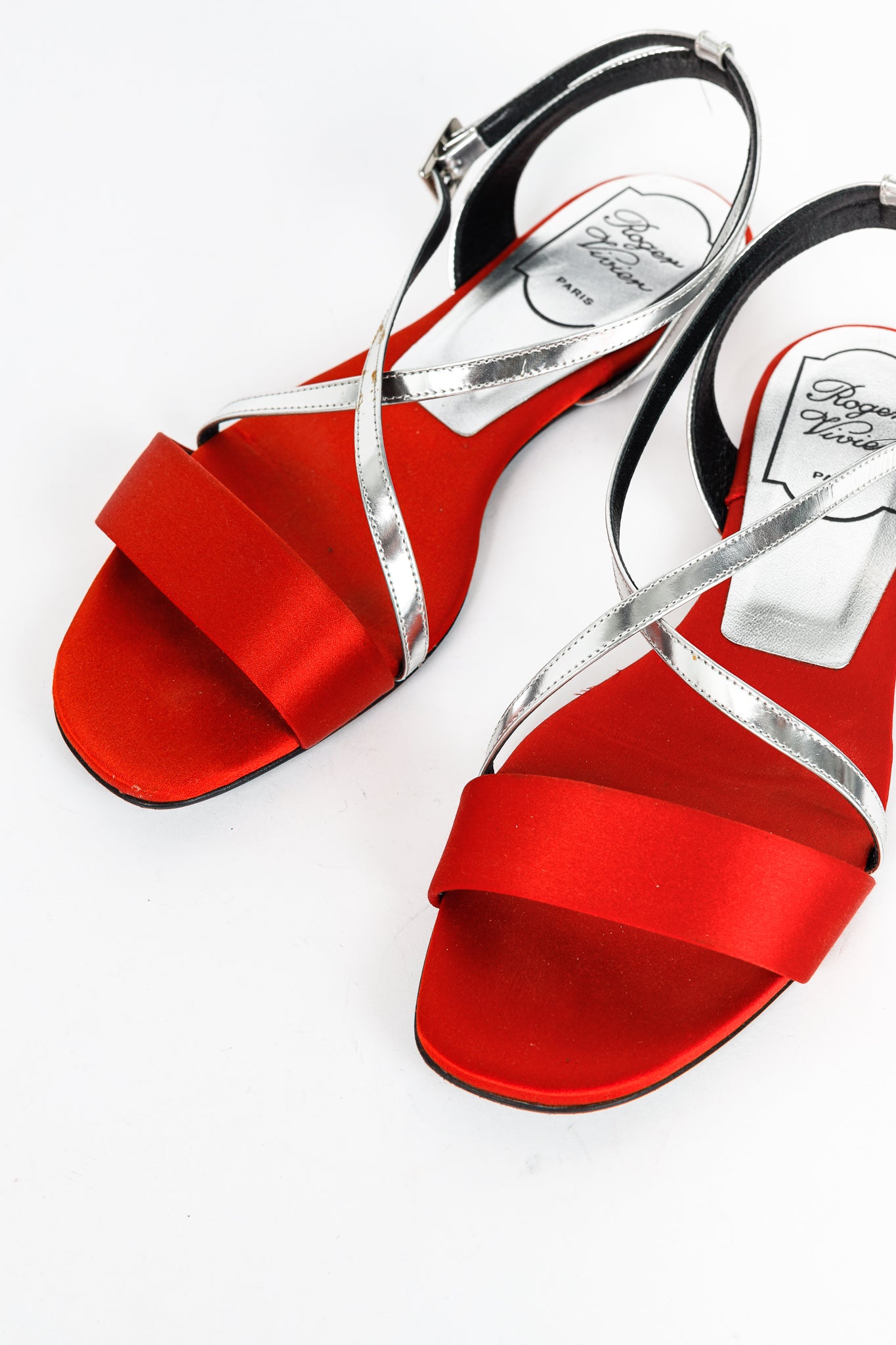 Roger Vivier SS/14 Croisée Red Satin & Silver Patent-Leather Flat Sandals
