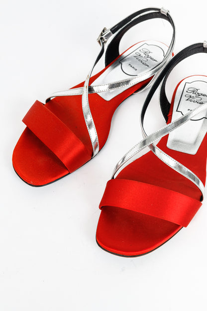 Roger Vivier SS/14 Croisée Red Satin & Silver Patent-Leather Flat Sandals