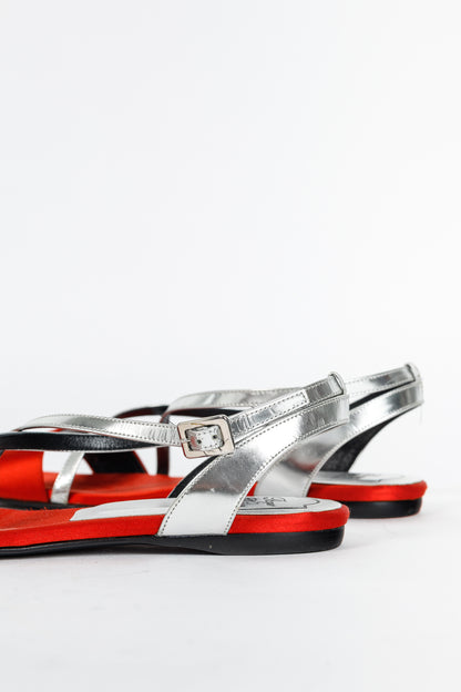 Roger Vivier SS/14 Croisée Red Satin & Silver Patent-Leather Flat Sandals