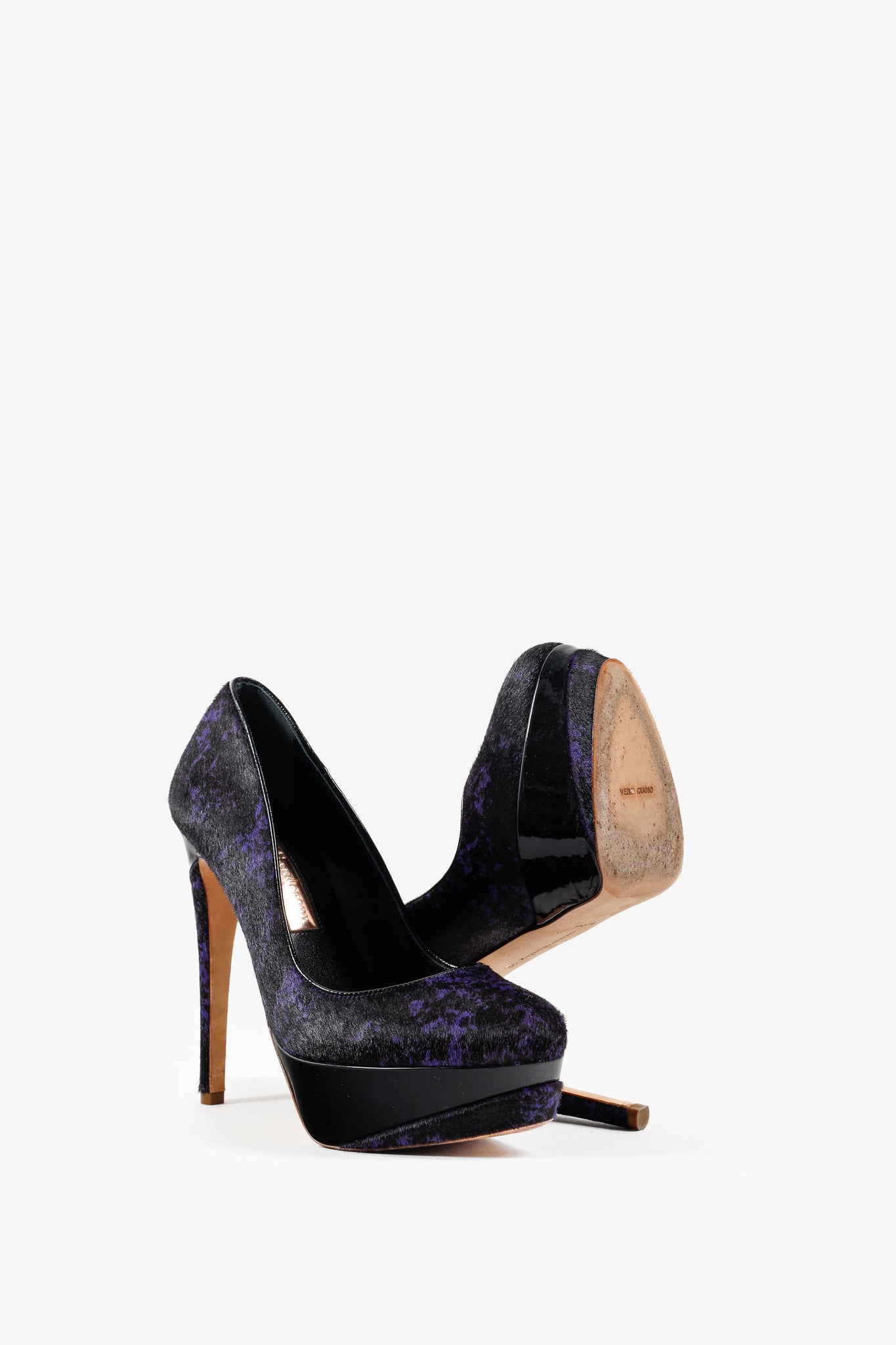 Rupert Sanderson Purple and Black Calf-Hair Platform Pumps