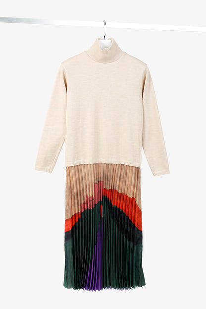 Stella Jean AW/21 Beige Wool Pleated-Skirt Midi Dress