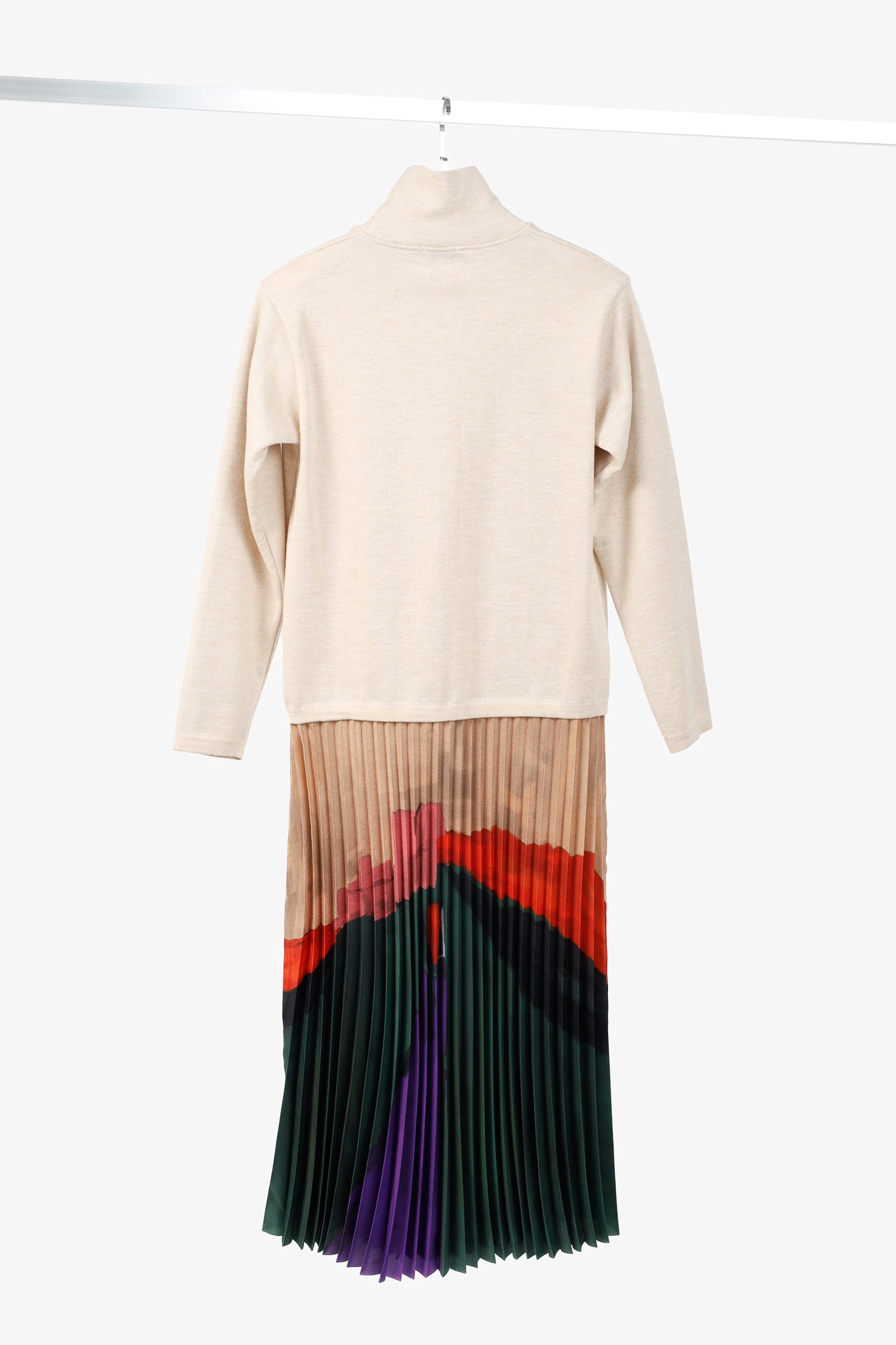 Stella Jean AW/21 Beige Wool Pleated-Skirt Midi Dress