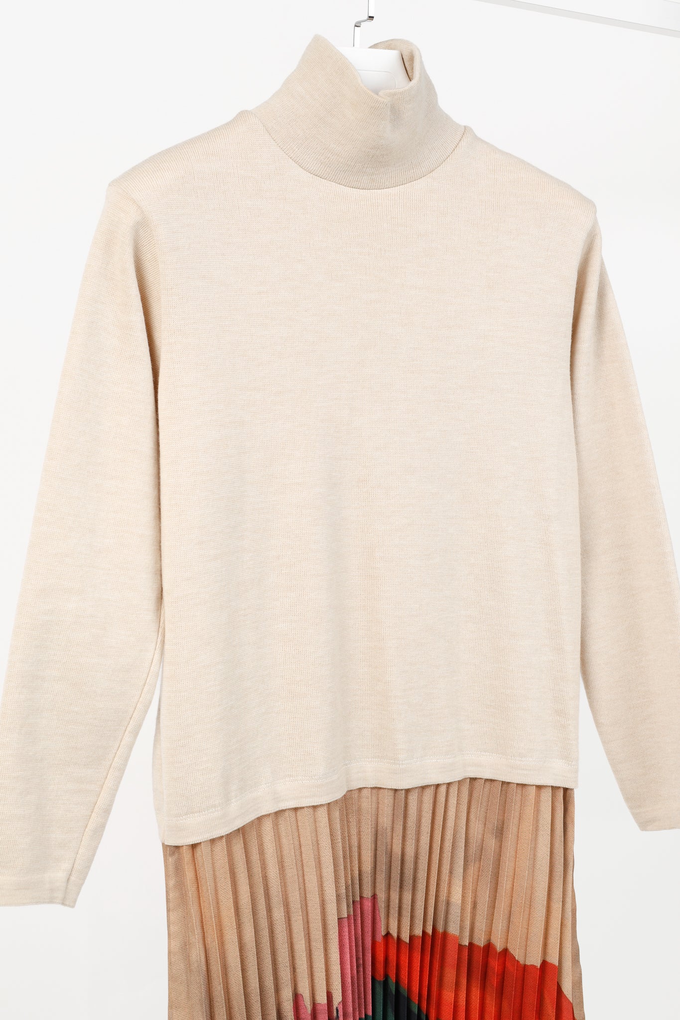 Stella Jean AW/21 Beige Wool Pleated-Skirt Midi Dress