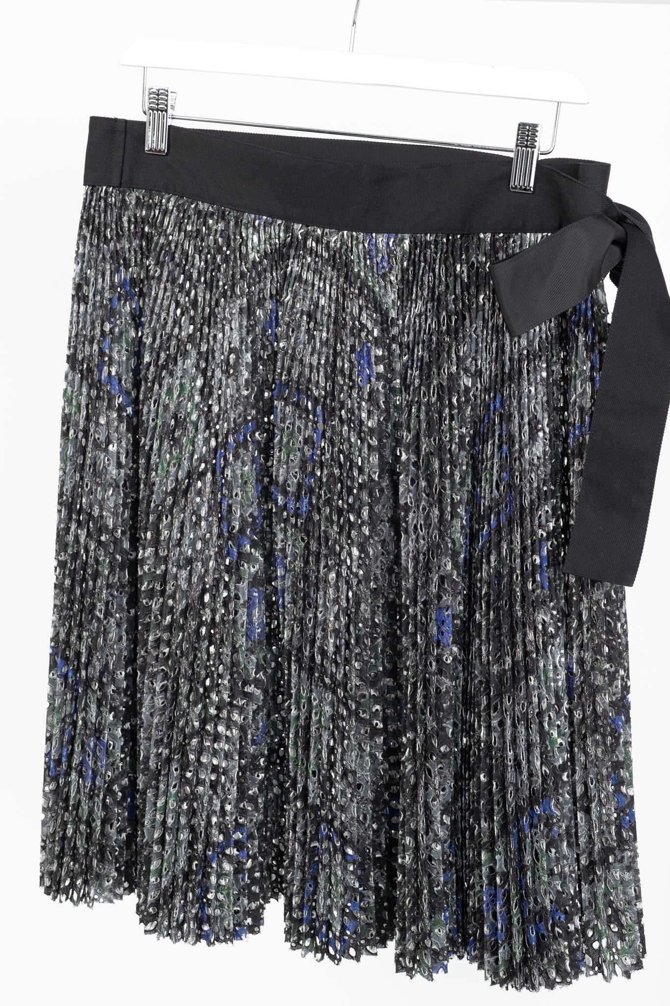 Sacai SS/17 Charcoal Cotton Perforated Eyelet Pleated Wrap Skirt