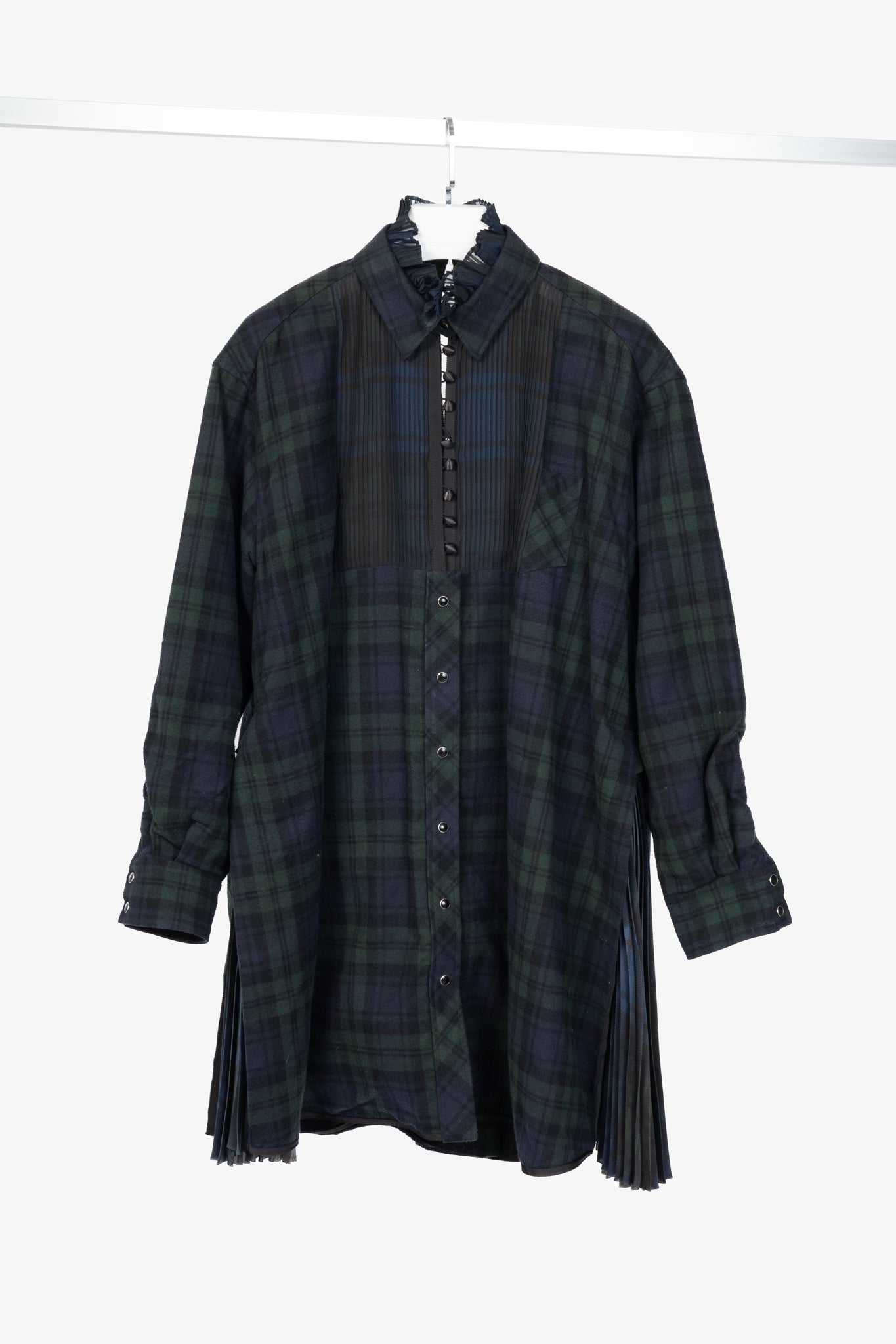 Sacai Green & Navy Plaid Cotton-Flannel Side-Pleat Dress