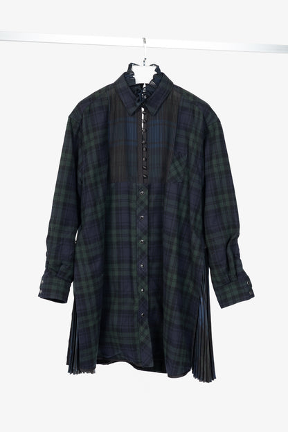 Sacai Green & Navy Plaid Cotton-Flannel Side-Pleat Dress