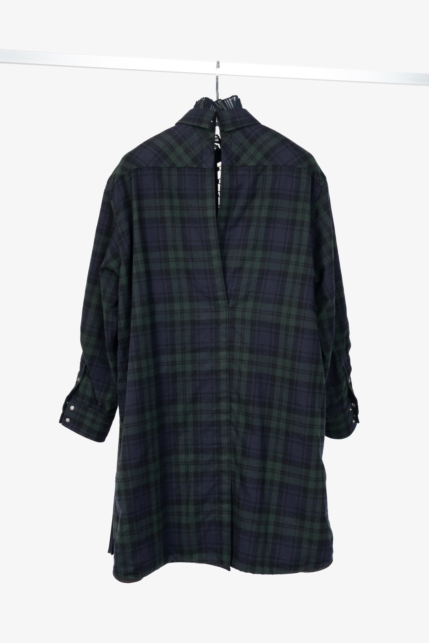 Sacai Green & Navy Plaid Cotton-Flannel Side-Pleat Dress