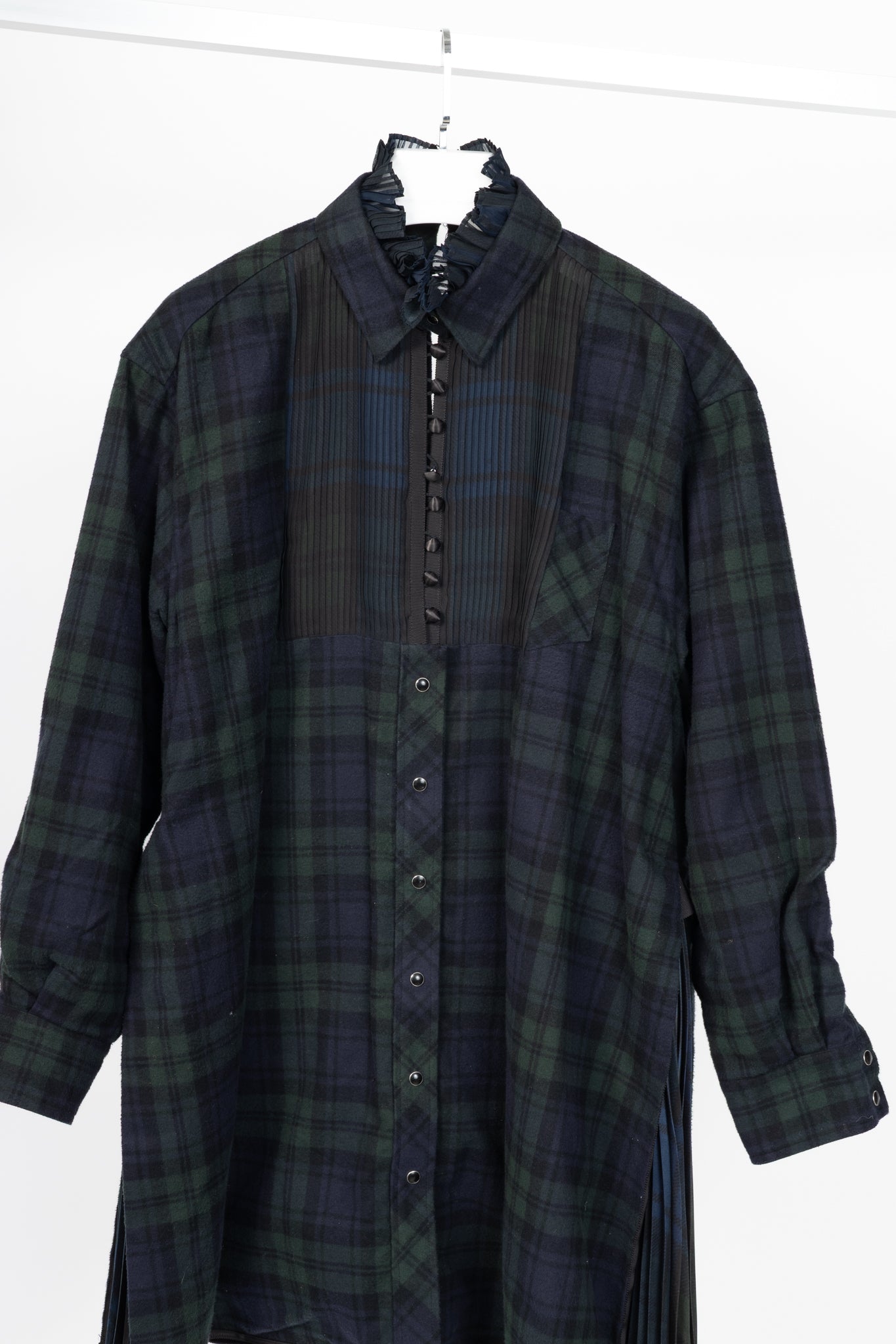 Sacai Green & Navy Plaid Cotton-Flannel Side-Pleat Dress