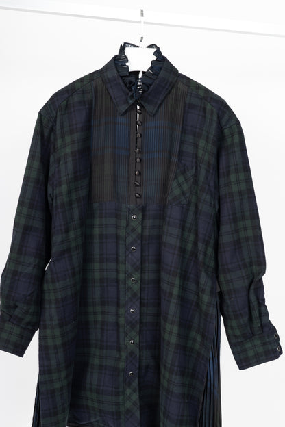 Sacai Green & Navy Plaid Cotton-Flannel Side-Pleat Dress