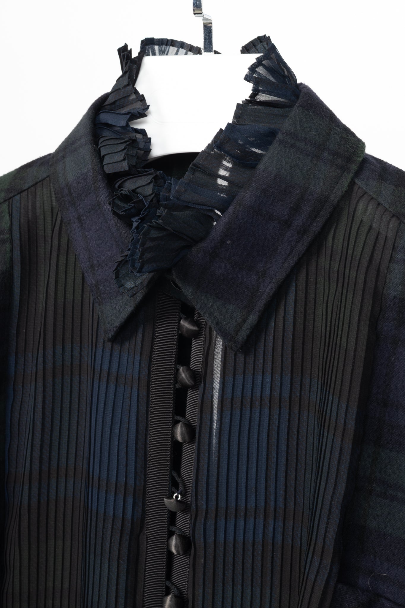 Sacai Green & Navy Plaid Cotton-Flannel Side-Pleat Dress