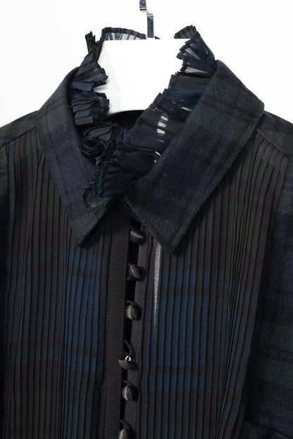 Sacai Green & Navy Plaid Cotton-Flannel Side-Pleat Dress
