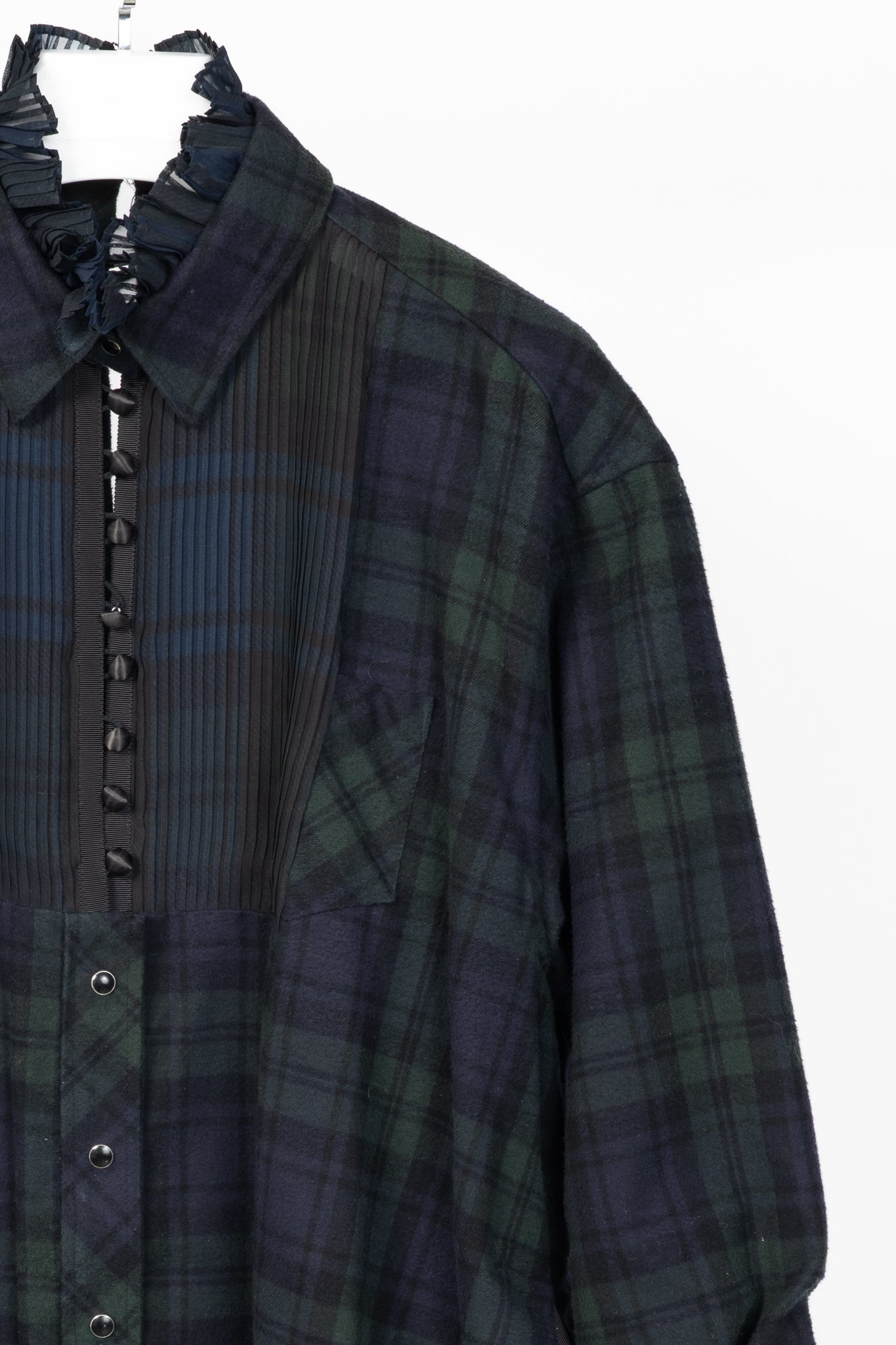 Sacai Green & Navy Plaid Cotton-Flannel Side-Pleat Dress